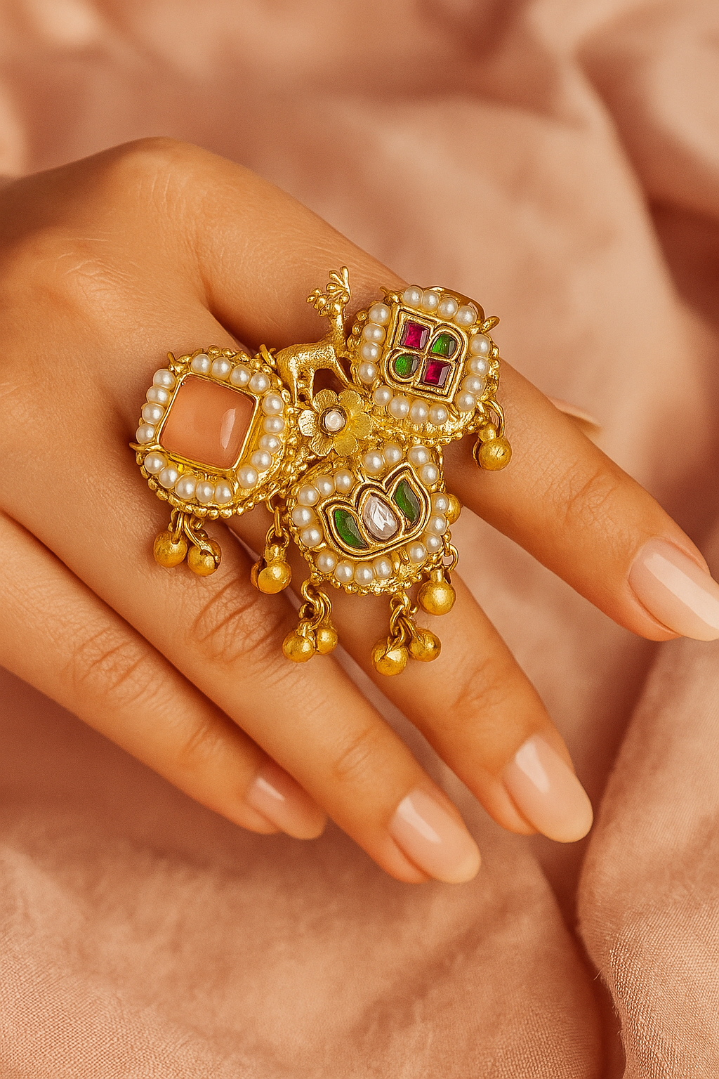 Deer Motif Kundan Adjustable Ring with Pearls & Ghungroo